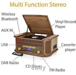9-in-1 Retro Vintage DAB Bluetooth Wooden Radio Record Player (MK1 Light Wood)