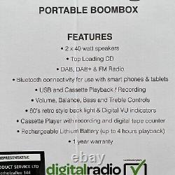 GPO Brooklyn Boombox Portable Argent/Chrome Rétro Lecteur CD Bluetooth Radio DAB+