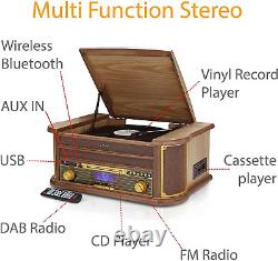 Radio en bois vintage rétro DAB Bluetooth 9-en-1 avec lecteur de disques et haut-parleurs