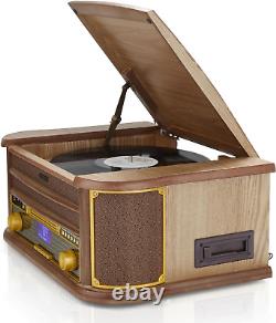 Radio en bois vintage rétro DAB Bluetooth 9-en-1 avec lecteur de disques et haut-parleurs