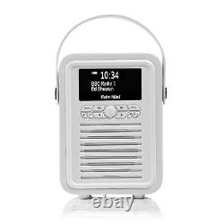 Radio numérique VQ Retro Mini DAB+ avec haut-parleur Bluetooth, horloge réveil, blanc.